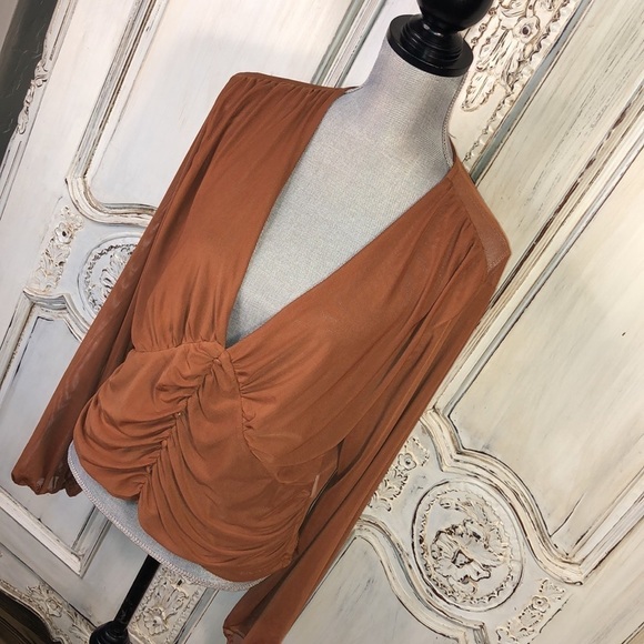 Talent Sexy Sheer Netting Long Sleeve Deep V Neck Empire Styling Camisole Top - Picture 3 of 13